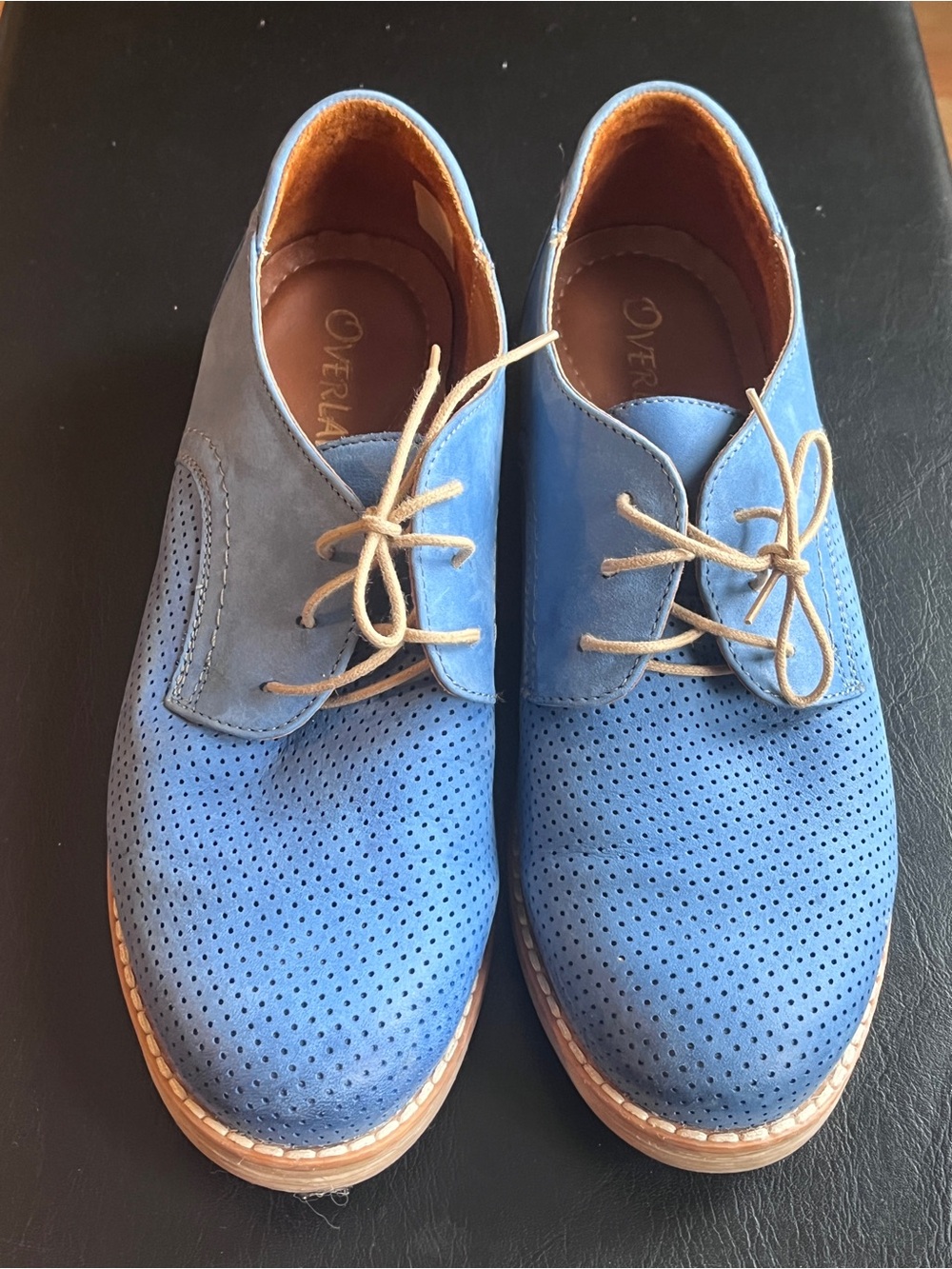 Women’s Blue Suede Shoes - Perforated Suede Flats with Tan Laces - Overland